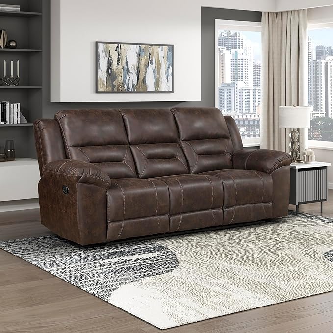 Lexicon Double Recliner Sofa for Living Room, Wall Hugger Manual Reclining Couch Sofa, Textured Microfiber Upholstered Dual Reclining Sofa, Home Theater Seating, Required Assembly, Dark Brown