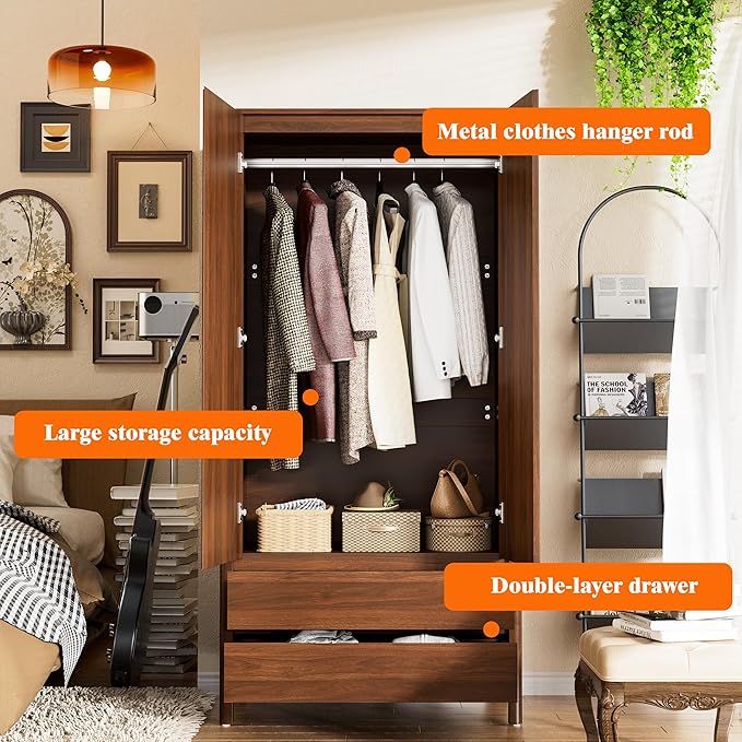 Furniway Armoire Wardrobe Closet, 70.9" Tall Wardrobe Cabinet with 2 Doors, 2 Large Drawers and Hanging Rod, Wooden Clothing Storage Cabinet for Bedroom, Cloak Room, Walnut