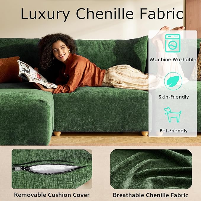LINSY HOME Cloud Couch Sectional, Modular Sofa Sectionals for Living Room Bedroom, 91" 2 Seater Love Seat Couch with Ottoman, Deep Seat Cozy Couch Luxury Chenille Sofas, Green