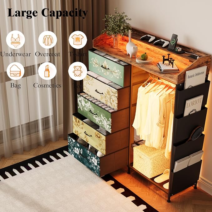 LUMTOK 2-in-1 Dresser with Hanging Racks,5 Fabric Drawers Dressers with LED Lights, Charging Station for Bedroom Living Room, Entryway, Closets (Retro Pattern) - Image 4