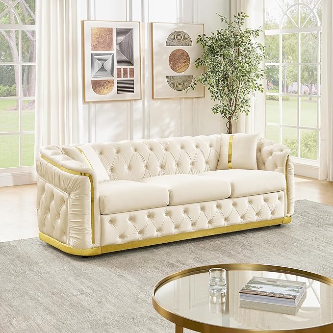 KEIKI 85" Luxury Oversized Velvet Chesterfield Sofa with 2 Pillow & Gold Stainless Decoration, Italian Modern Style 3-Seater Button Tufted Couch with Rolled Arms, Easy Assembly, for Living Room, Beige