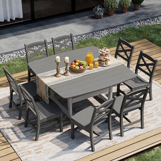 Patio Dining Table Set for 8, HDPE Outdoor Dining Set, All-Weather Outdoor Rectangular Tables and 8 Chairs, Durable Patio Furniture Set with Chairs,White Grey - Image 2