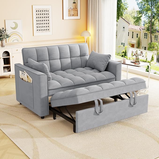 3 in 1 Convertible Sleeper Sofa Bed, Pull Out Couch Loveseat Futon, Adjustable Backrest Velvet Sofa with Pillows and Side Pockets for Living Room Apartment, Light Grey