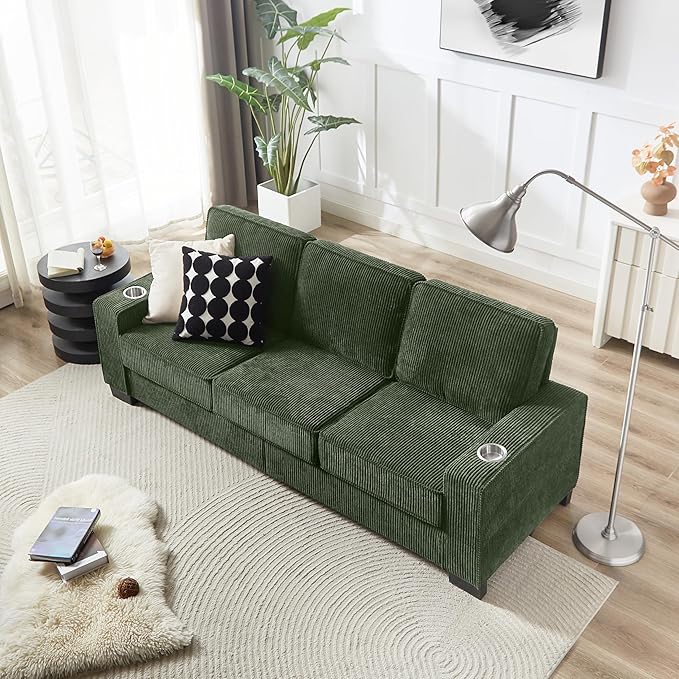 83" Modern Cloud Sofas for Living Room Bedroom, 3 Seat Modular Couch Soft Corduroy Upholstered Loveseat Couches with Cupholders for Home Apartment Office Studio