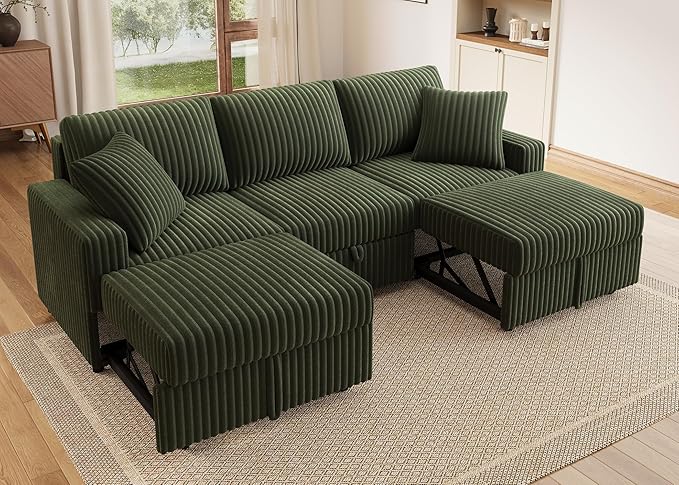 HONBAY 94.5 Inch Sectional Sofa, Modular L & U Shaped Pull Out Couch with Adjustable Backrest & Storage, Velvet Green