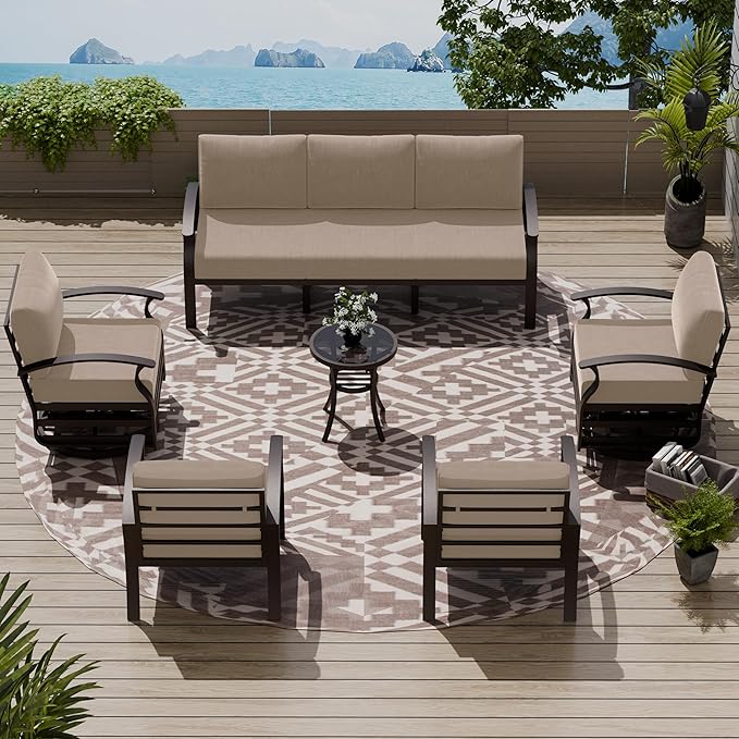Patio Furniture Set 6-Piece Aluminum Armrest Sofa, All-Weather Patio Conversation Set with Tempered Glass Top Table & Removable Sponge Cushions for Backyard Poolside-Sand