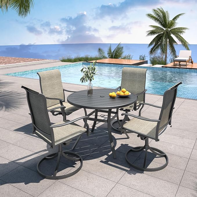 Anmutig 5 Piece Outdoor Glass Round Table and Chairs Set for 4 Person with 41 inch Patio Table, Tan Grey Textilene Retro Armrest Swivel Rocker Chairs - Style1 - Image 8