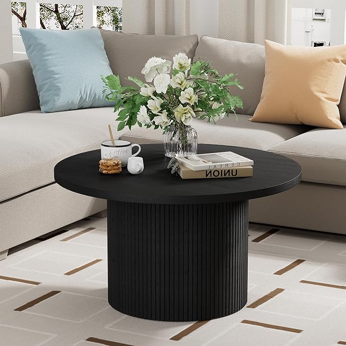 Round Coffee Table, 35.4" Circle Wide Coffee Table, Wood Table and Center Table for Living Room, Black