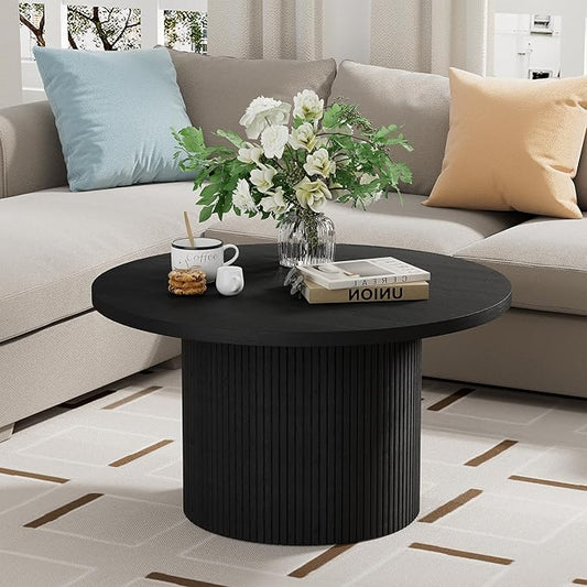 Round Coffee Table, 35.4" Circle Wide Coffee Table, Wood Table and Center Table for Living Room, Black