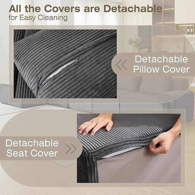 Modular Sectional Sofa, 6 Seat Modular Couch, Modular Sofa with Deep Seat and Detachable Pillow (Grey, 6 Pieces-L Shape)