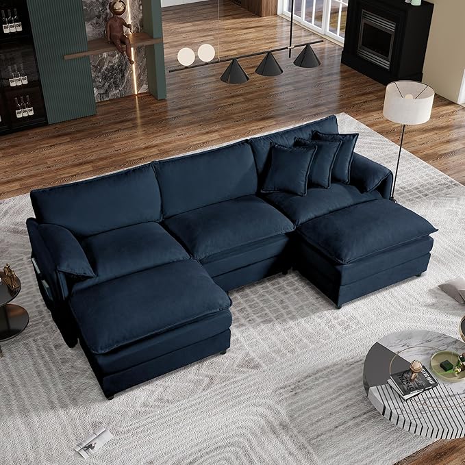 109-Inch U-Shaped Sectional Cloud Sofa Oversized Modular 5 Seaters Sofa Couch with 2 Ottoman Chaise and Pillow Armrest, Chenille Upholstered Convertible Cloud Couch