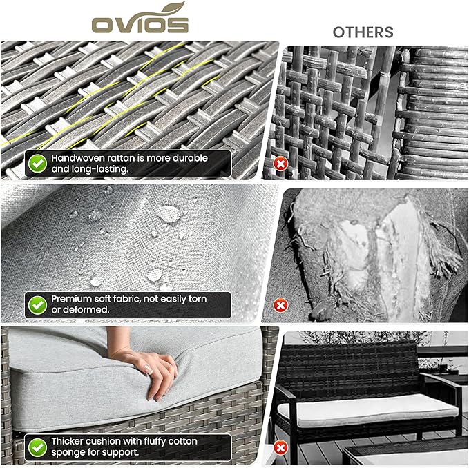 ovios 8 Pieces Patio Furniture Set with 54" Fire Pit Table, Outdoor Wicker Sofa with Comfy Cushions, All Weather High Back Rattan Couch Conversation Set, Grey