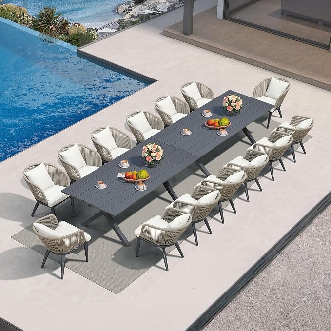 PURPLE LEAF 16 Pieces Patio Dining Set Wicker Outdoor Furniture Rectangular Table and Chairs Set for Garden Deck Aluminum Frame Backyard Kitchen Set, Cushions and Pillows Included Taupe by PURPLELEAF