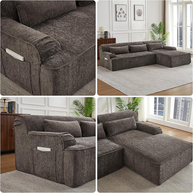 L-Shaped Sectional Sofa, Luxury Upholstered Chenille 3-Seater Sofa with Right Chaise Lounge & 3 Lumbar Pillows, Modern Comfy Oversized Couch with Side Pocket for Living Room, Apartment, Brown