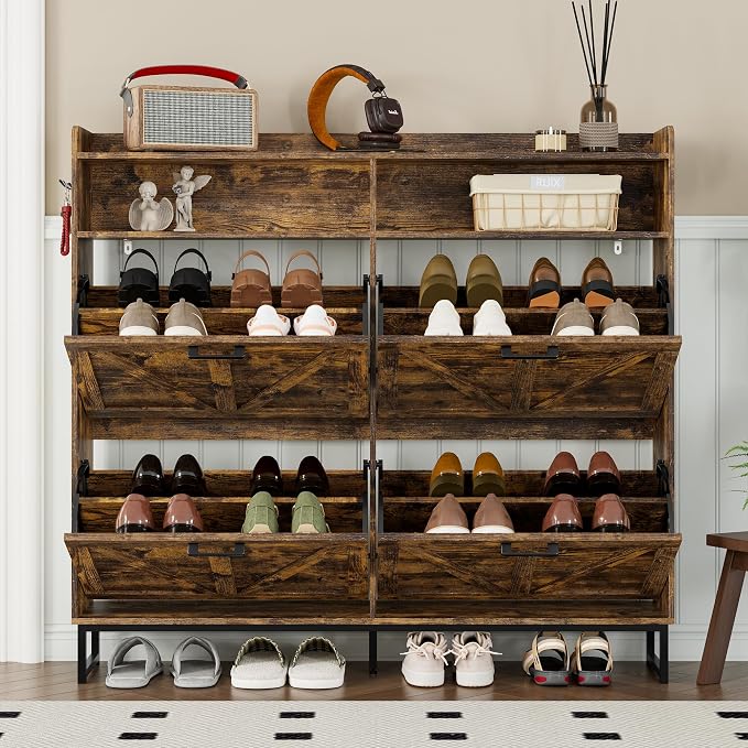 BORNOON Shoe Cabinet with 4 Flip Drawers Narrow Shoe Storage Cabinet Organizer Wooden Freestanding Shoe Rack Hidden Slim Shoes Storage Cabinet for Entryway, Hallway, Living Room, Bedroom - Image 7