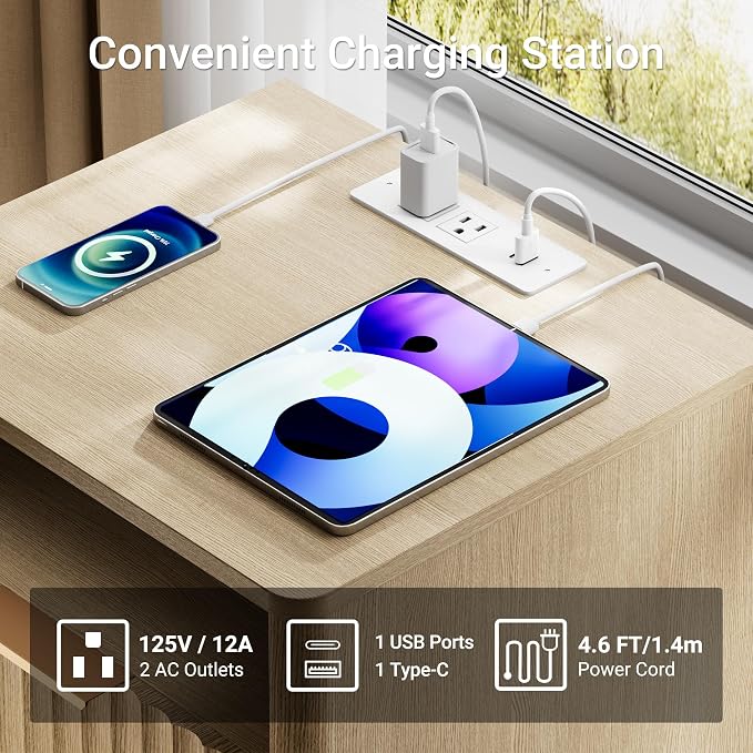 Fluted Nightstand, Modern Night Stand, 2 Drawers Nightstand with Charging Station, Wooden End Table w/Storage, Bedside Table for Bedroom Sofa Home Office, Curved Corners Design, Natural Oak - Image 3