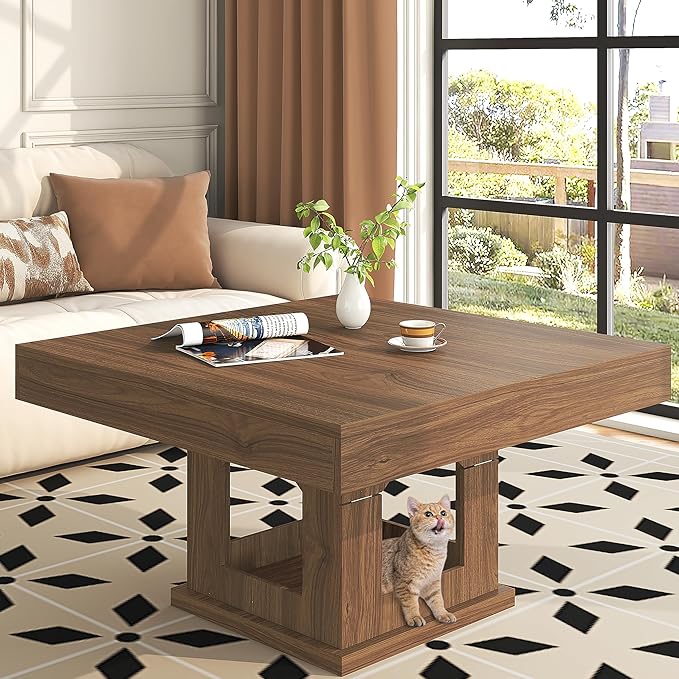 Square Coffee Table, Wood Coffee Table with Storage, Farmhouse Cat House Low Center Tables Cocktail Table for Living Room, Rustic Brown