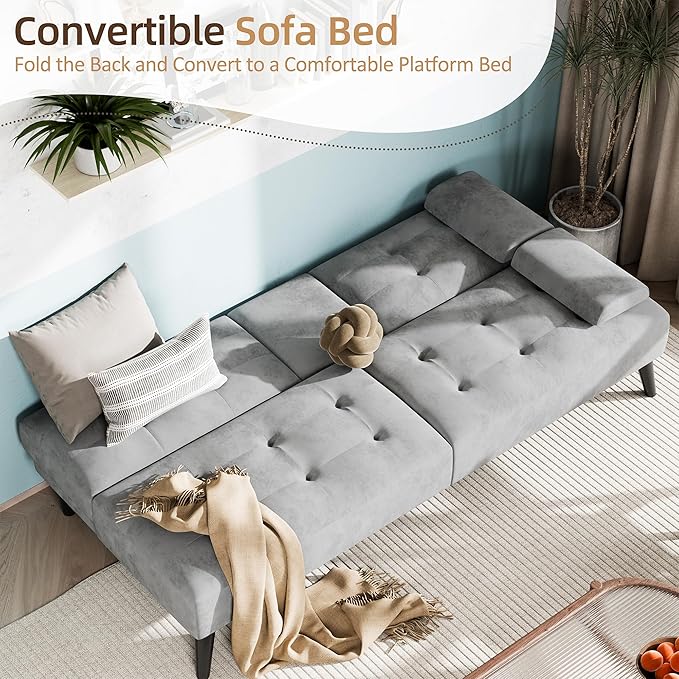 Shintenchi Futon Sofa Bed, Velvet Foldable Couch, Reclining Sleeper with Removable Armrests, Upholstered Loveseat Sofa Couch with Folding Cup Holders for Home, Office, Light Gray