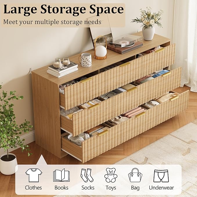 9 Drawer Dresser and Nightstand Sets for Bedroom, Modern Fluted 3 Pcs Bedroom Dresser Furniture Sets, Wood Chest of Drawers and Nightstand Set of 2 with Metal Handles, Natural Oak