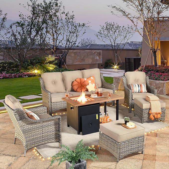 HOOOWOOO 6 Piece Patio Furniture Sets with Fire Pit Table,Outdoor Wicker Furniture Set,All Weather Resistant Outside High Back Rattan Conversation Set for Out Door(Beige Tan)
