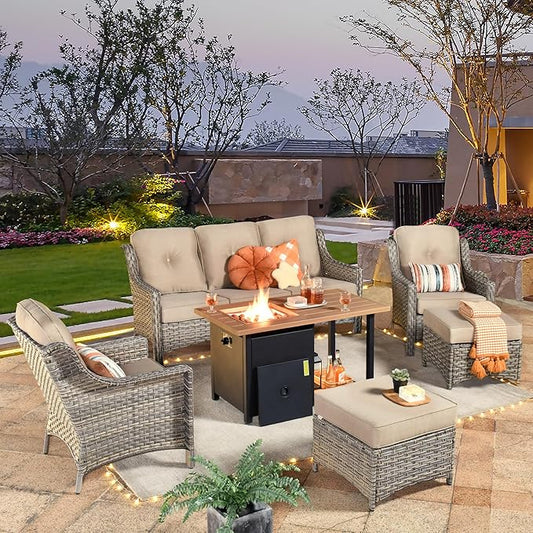 HOOOWOOO 6 Piece Patio Furniture Sets with Fire Pit Table,Outdoor Wicker Furniture Set,All Weather Resistant Outside High Back Rattan Conversation Set for Out Door(Beige Tan)