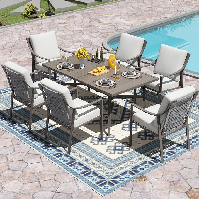 NATURAL EXPRESSIONS 7 Piece Patio Dining Table Outdoor Furniture Set for 6, 6Pcs Fixed Dining Chairs with Olefin Cushions, 65”Large Dining Table with Umbrella Hole - Image 2