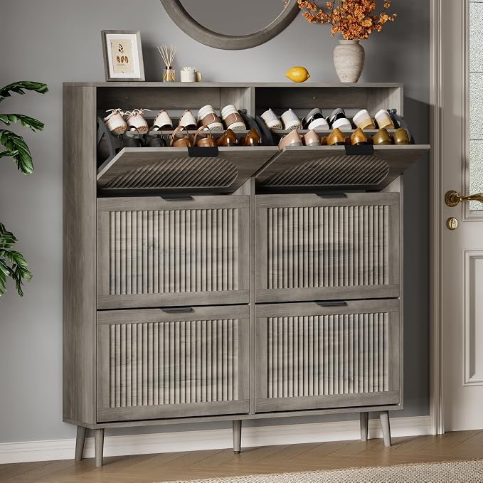 Xixini Shoe Storage Cabinet with 6 Flip Drawers, 50" Tall Narrow Wood Fluted Shoe Organizer for Entryway, Freestanding Wooden Hidden Slim Shoe Rack for Front Door Entrance, Hallway, Foyer, Light Grey by Xixini