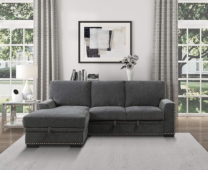 Lexicon Mid Century Modern Sectional Sleeper Sofa Bed Couch with Storage Chaise, Sectional Sofa Pull Out Couch Bed, Sectional Couch Lounge Sofa for Living Room Apartment, Left Side Chaise, Charcoal