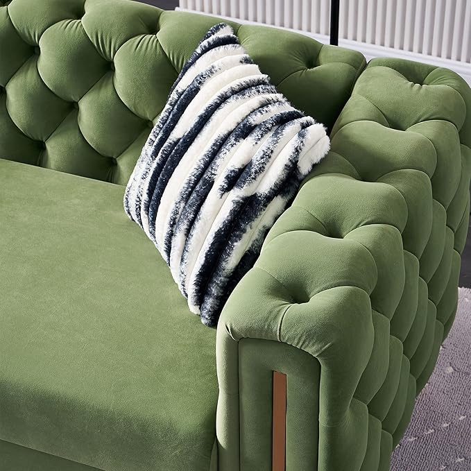 KEIKI 84" Chesterfield Velvet Tufted Button Sofa with Removable Cushions and 2 Toss Pillows, Modern 3-Seater Couch with 4 Gold Metal Leg, Easy Assembly, for Living Room, Bedroom, Apartment, Mint Green