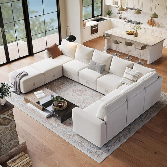 Sectional Couches for Living Room, Cloud Couch Sectional with Large Storage, l-Shape Modular Sectional Sofa with Ottoman (Beige 9-Seater)