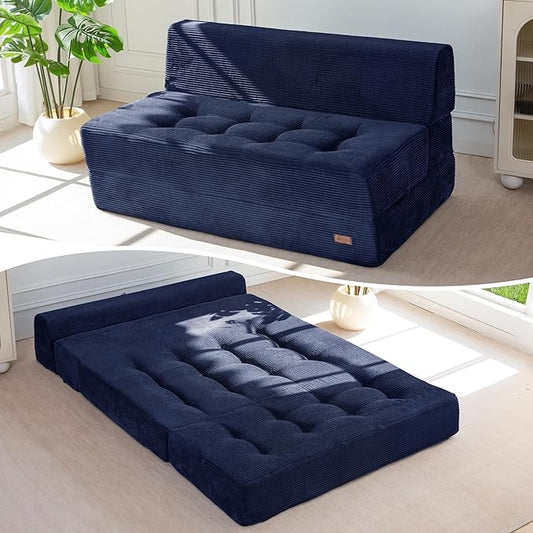 MAXYOYO 8" Folding Sofa Bed, Convertible Sleeper Sofa Lounger Foldable Mattress, Wedge Shape Floor Couch Tufted Fold Out Chair Bed Comfy Floor Couch Lounge for Living Room Bedroom, Loveseat, Navy