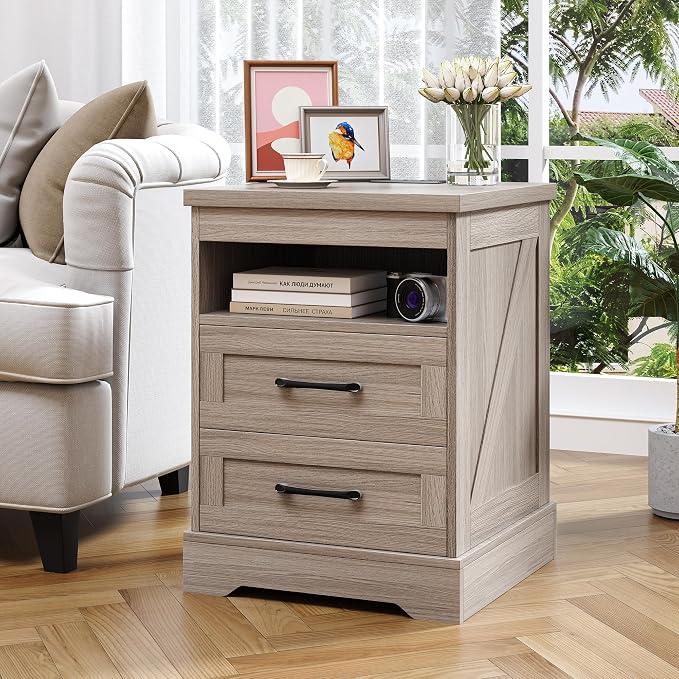 18'' Nightstand with LED Lights | Built-in Power Outlets & USB Ports, Farmhouse Bedside Table with 2 Drawers and Open Storage Shelf, End Table for Bedroom, Living Rooms, Home Offices, Grey,2 Set - Image 2