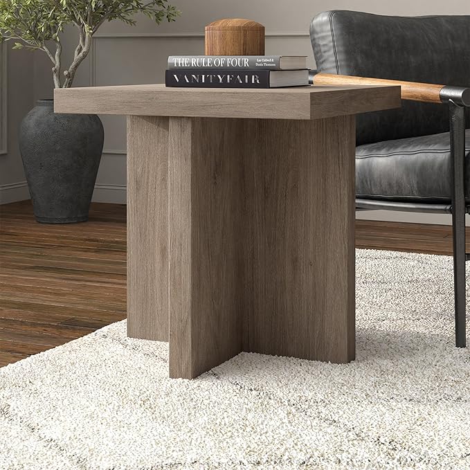 Henn&Hart 22" Scandinavian Square End Table, Side Table, Nightstand with X-Base for Living Room, Office, Family Room, or Bedroom, Antiqued Gray Oak