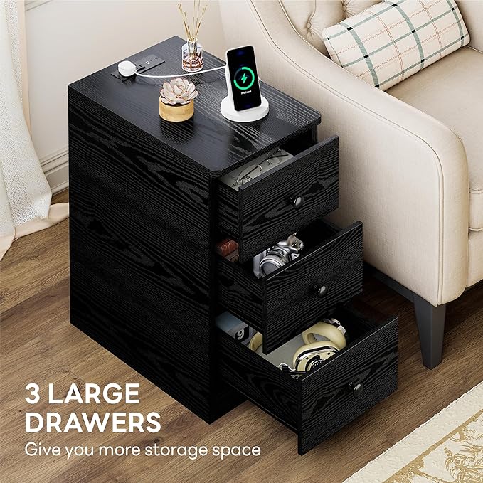 LIKIMIO Nightstand with Charging Station, Narrow Bedside Table with 3 Drawers, End Table with USB Ports and Outlets, Side Table for Living Room/Bedroom Modern - Image 5