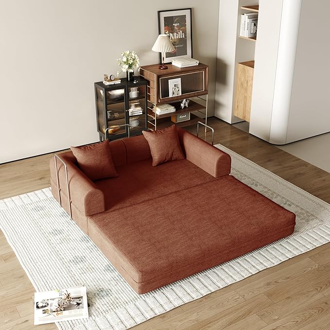 53.15'' Convertible Compressed Corduroy Folding Cloud Sofa Bed, Modern Boneless Pull Out Loveseat Sleeper in a Box, 4 in 1 Floor Mattress Futon Cloud Couch, No Assembly Needed, Orange, Pillows, Full