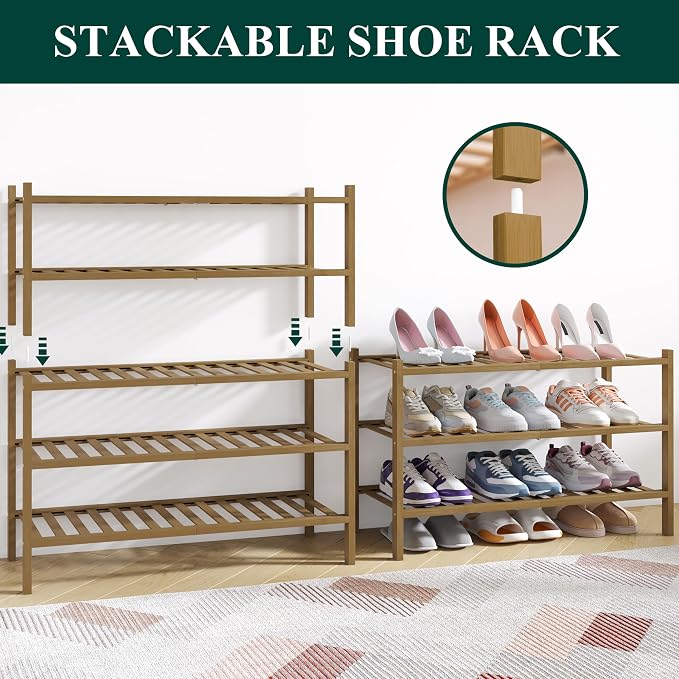 Smiry Bamboo Shoe Rack for Closet, 3 Tier Wooden Stackable Shoe Organizer, Free Standing Shoes Storage Shelf for Entryway, Front Door Entrance, Walnut - Image 4