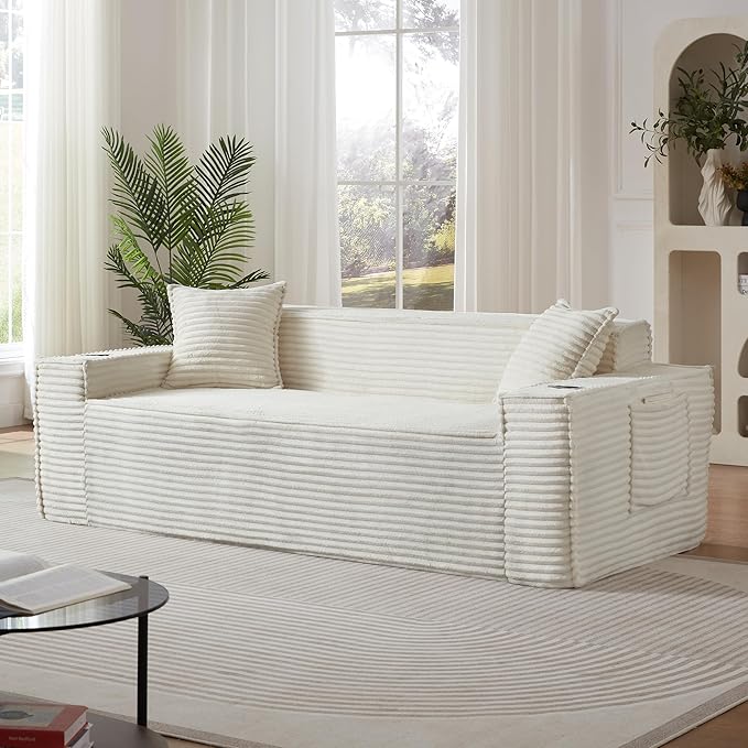 Cloud Loveseat Boneless Sofa Couch in a Box with Cupholders, Modern Corduroy Compressed Sofa for Living Room, 3 Seater High-Density Foam Couch with Pillows, No Assembly Required