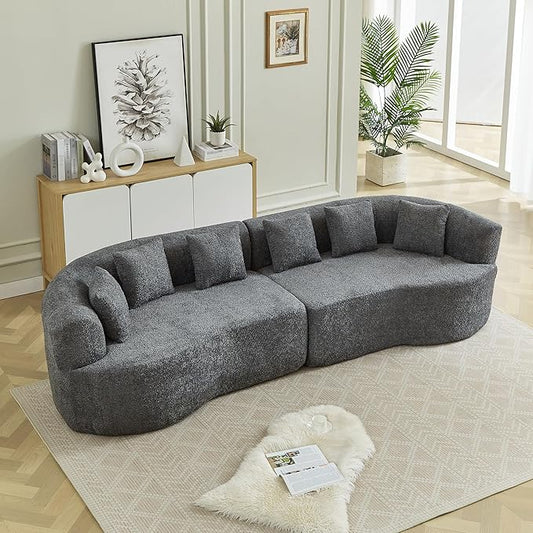 106-Inch Curved Boneless Sofa Couches Compressed 4-Seat Foam Couch for Living Room Bedroom, Boneless Modular Cloud Sofa Curved Floor Couch with 6 Pillows, No Assembly