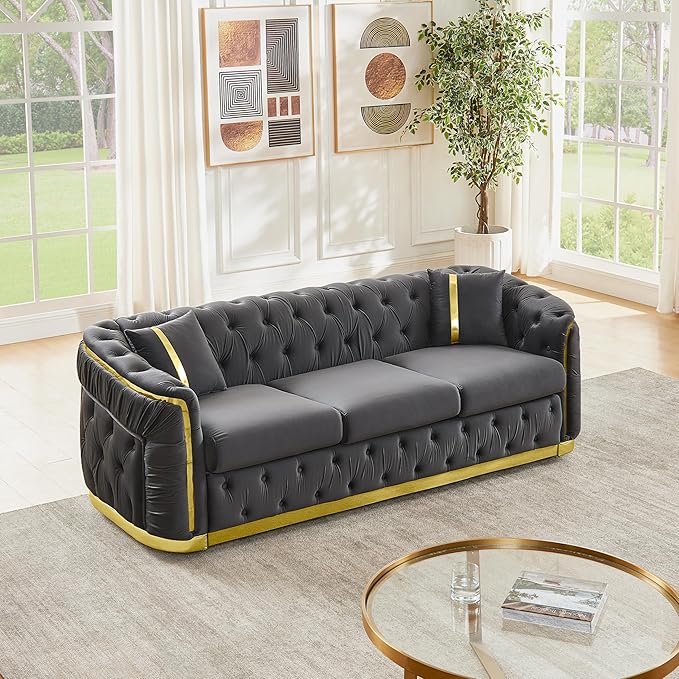 KEIKI 85" Luxury Oversized Velvet Chesterfield Sofa with 2 Pillow & Gold Stainless Decoration, Italian Modern Style 3-Seater Button Tufted Couch with Rolled Arms, Easy Assembly, for Living Room, Gray
