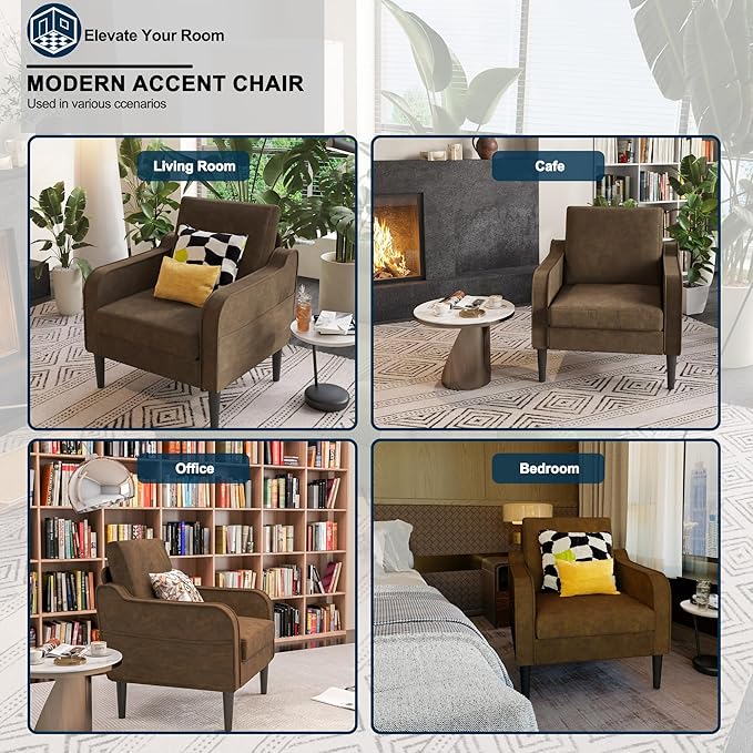 Ribilake Brown Accent Chair - Upholstered Armchair with Side Pockets, Comfy Living Room Arm Chair, Faux Leather Reading Accent Chairs for Bedroom, Living Room, Apartment, Office