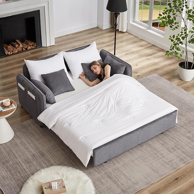 Ball & Cast 66" Convertible Sofa Bed,3-in-1 Corduroy Loveseat Sleeper Pull Out Couch Bed with Pillows and Side Pockets, Deep Seat Comfy Sofa Couches for Living Room,Apartment,Grey