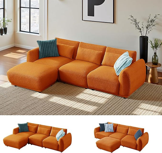 Sectional Sofa Couch, Modern U Shaped Sectional Couch with Ottoman, Modular Sectional Sofa Cloud Couches for Living Room (Orange, 3 Set + 1 Ottoman)