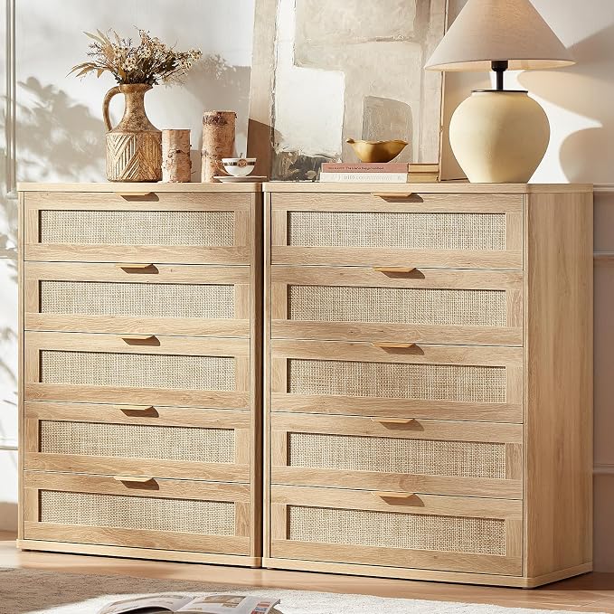 LEYAOYAO Rattan Dresser for Bedroom Set 2, 41" Tall Chest of Drawers, Modern 5 Drawers Boho Dressers with Storage, Light Oak Dresser Wooden Closet Organizer for Living Room, Hallway, Natural Wood - Image 9