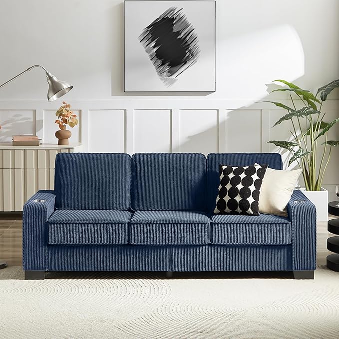 83" Modern Cloud Sofas for Living Room Bedroom, 3 Seat Modular Couch Soft Corduroy Upholstered Loveseat Couches with Cupholders for Home Apartment Office Studio