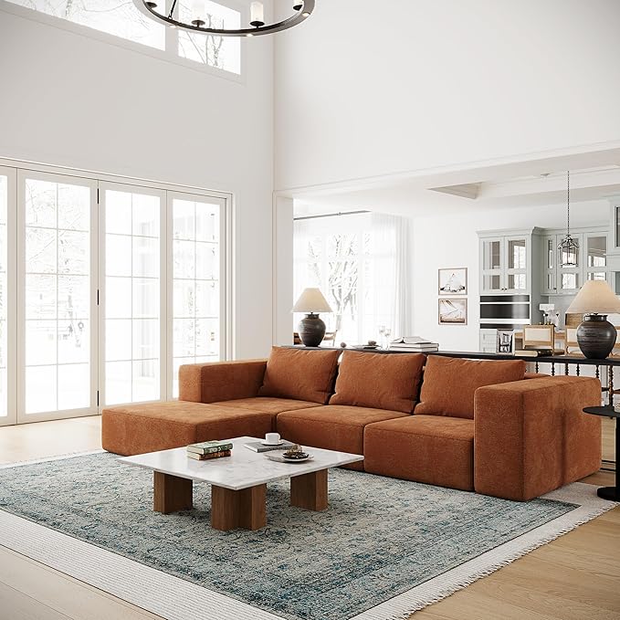 Acanva Oversized Modular Sectional Sofa with Removable Washable Slipcovers, Modern Low Profile Deep Seat Couch for Living Room, Chenille-Tangerine, 3 Armless Chairs & 3 Armrests/Ottomans