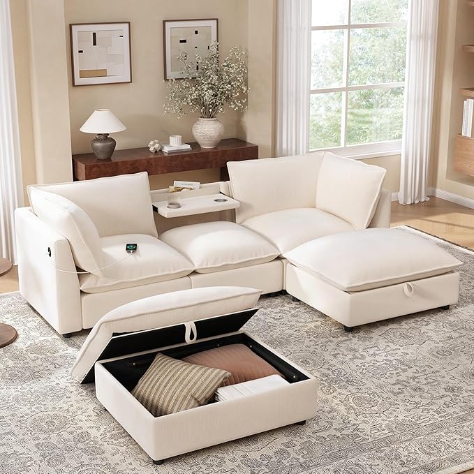 Merax Modern U-Shaped Sectional Sofa with 2 Movable Storage Ottomans, Chenille 6-Seat Couch Set with Fold-Down Backrest Table, Charing Ports, Cup Holders for Living Room,Space Saving, Beige