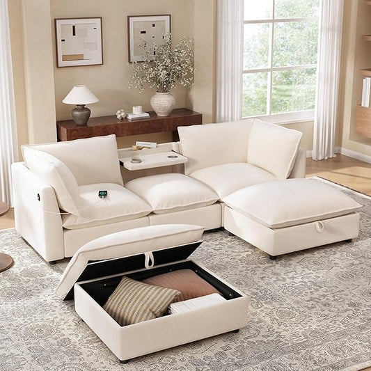 Merax Modern U-Shaped Sectional Sofa with 2 Movable Storage Ottomans, Chenille 6-Seat Couch Set with Fold-Down Backrest Table, Charing Ports, Cup Holders for Living Room,Space Saving, Beige