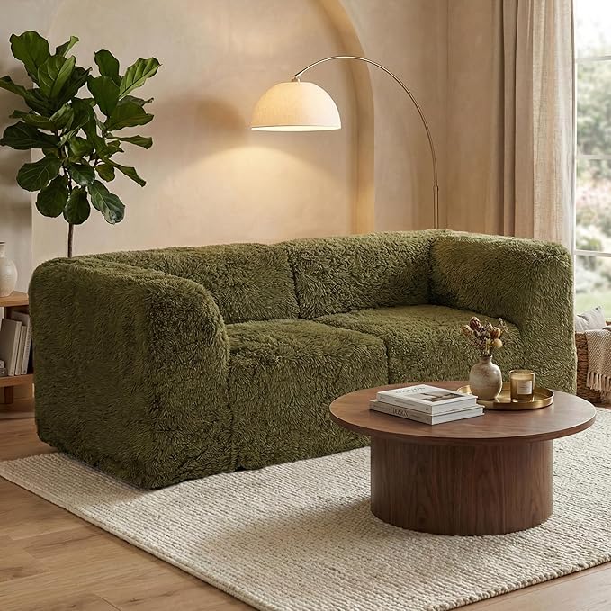 Furniture of America Havyn Modern Faux Fur 2-Seater Modular Foam Loveseat with Curved Arms & Deep Seat, Compressed Couch in a Box, No Assembly Required, for Living Room and Office, Olive Green