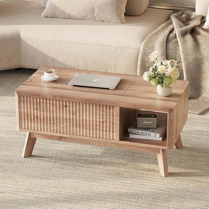 Wood Lift Top Coffee Table with Hidden Compartment and Large Storage Shelf, Lift Tabletop Dining Center Table for Home Living Room Office, Natural