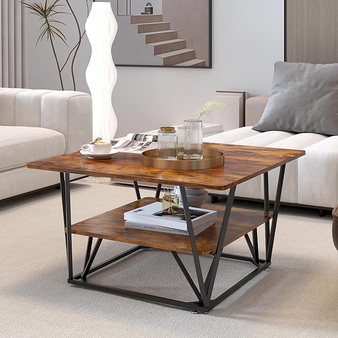 Elephance Square Coffee Table with 2-Tier Storage, 31.5 Inch Modern Tea Table for Living Room, Caramel Brown Wooden Tabletop-Almond with Black Frame